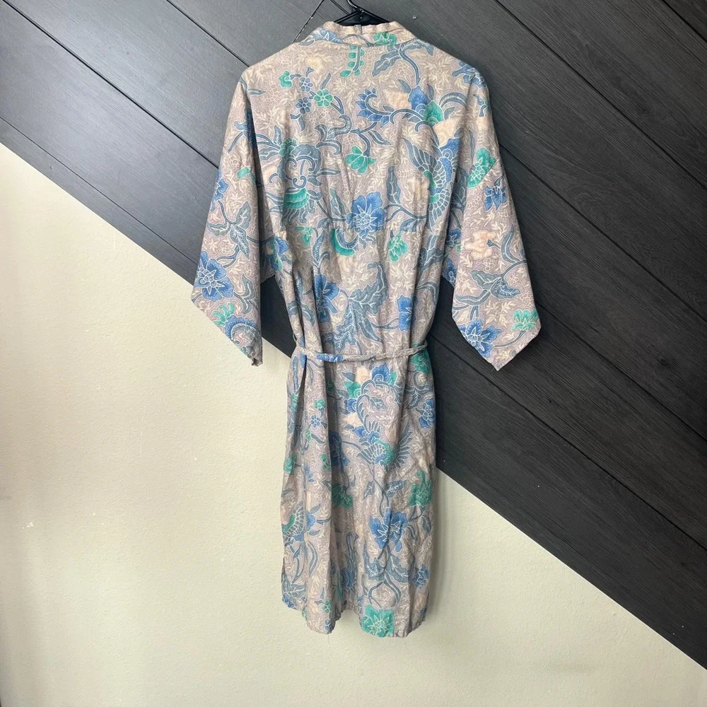 Pier 1 Passport Women's Floral Kimono Robe Duster One Size Beige Blue VTG‎